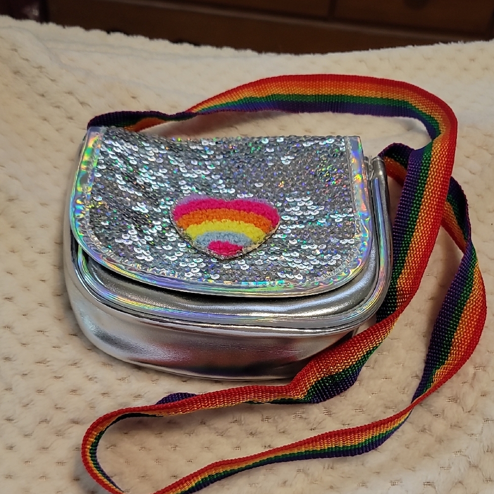 Silver Sequin Crossbody Bag with Rainbow Strap